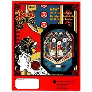 1970s Allied Leisure Hearts & Spades Pinball Machine Flyer Vintage Ephemera